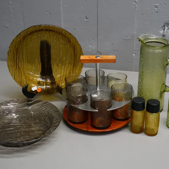 mid-century figured glassware - tumbler set with wood and metal stand, jug and spare glass, bowl (chip), salt & pepper