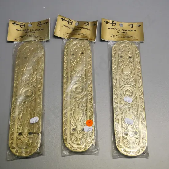 3 Wakefield reproduction heavy cast brass door plates in original packaging - H-250 W-60