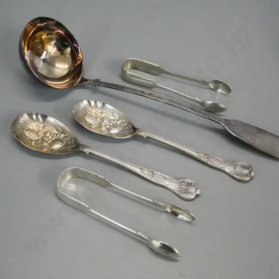 sterling silver sugar tongs and assorted plated items - large ladle, 2 berry spoons, sugar tongs