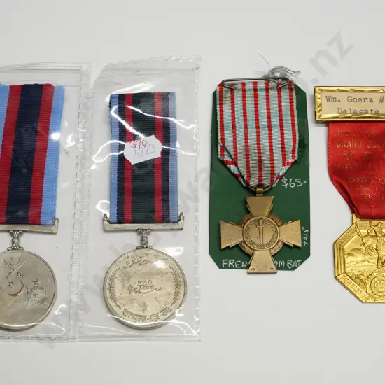 2 Pakistan medals, French medal  & dept of Oregon Pendleton 1946 medal
