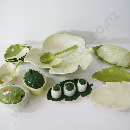 assorted Carlton Ware green leaf pattern items including salad bowl with servers, cover butter dish, condiment set, etc.