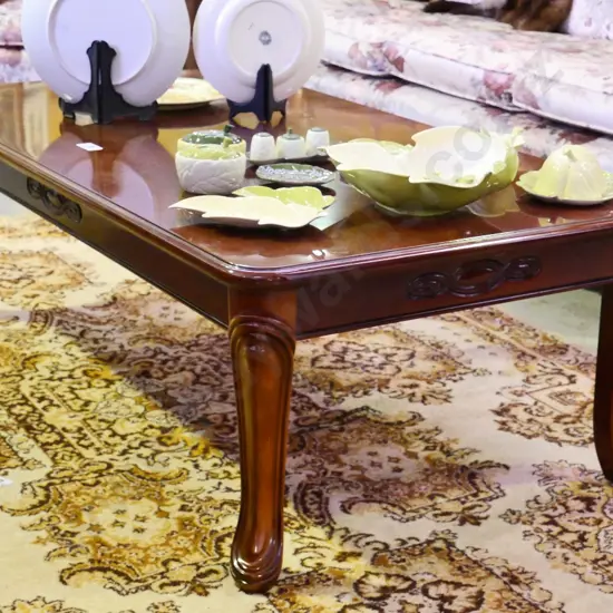 reproduction large mahogany coffee table w/flame veneer top, carved detail, H450 L1380 W750