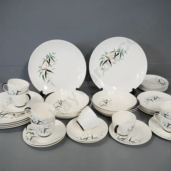 assorted Royal Doulton Bamboo dinnerware - 8 cups & saucers, 5 sides, 6 dinners, one has chip, etc.