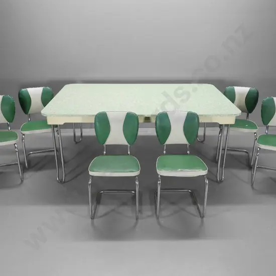 large retro formica top chrome leg dining table and 6 green & white vinyl covered sleigh chairs H765 L1840 W1210