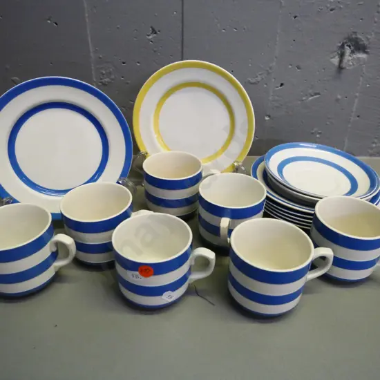 Cornish blue stripe ware - 7 cups & 2 saucers, 6 side plates, and a yellow side - a few chips, some crazing