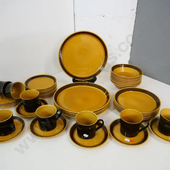 assorted Crown Lynn retro Forma brown and gold dinnerware - from 5 to 8 place, some chips