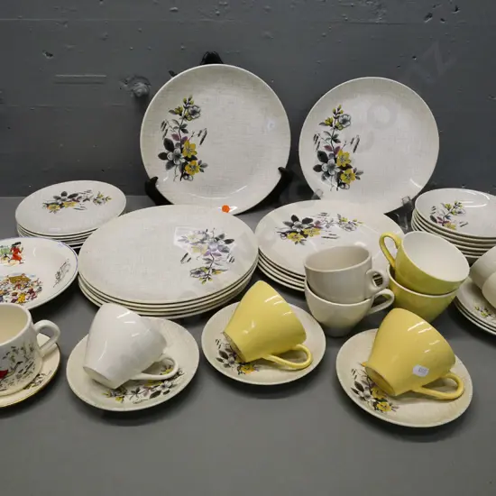assorted Crown Lynn items - Seville dinnerware, child's mug, plate and saucer (no cup)