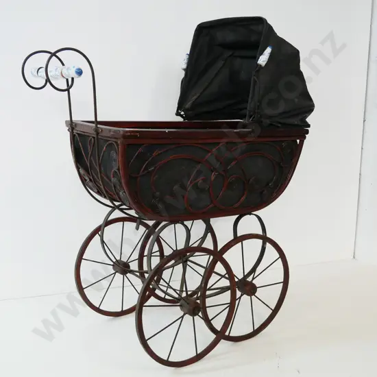 reproduction Victorian style doll's pram - timber, canvas & cane w/ blue & white ceramic handles H860 L750 W350