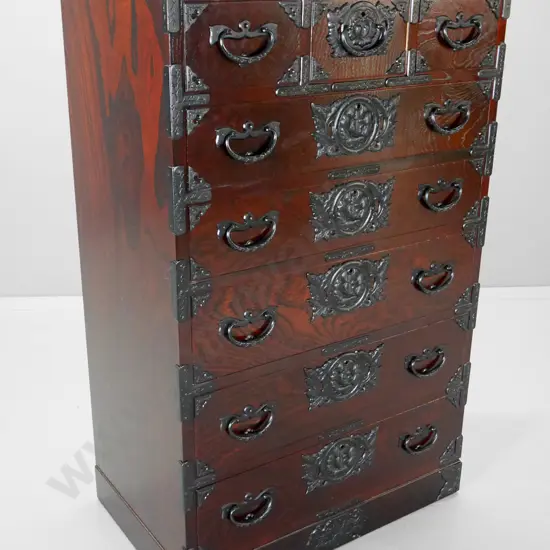 as-new reproduction Japanese 8-drawer chest with cast metal handles and binding, lockable, with keys H1200 W755 D460