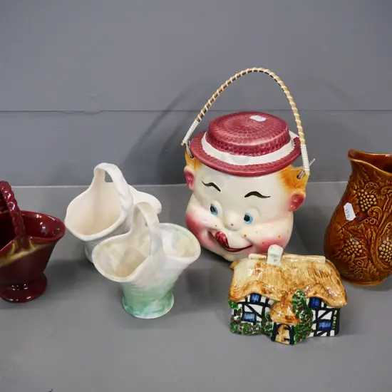 vintage china items - cottage money box, Portmeirion jug, Japanese biscuit barrel, 3 small basket vases