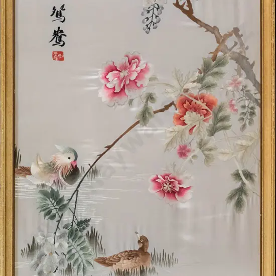 framed oriental needlework on silk - birds and flowers H-1000 W-440