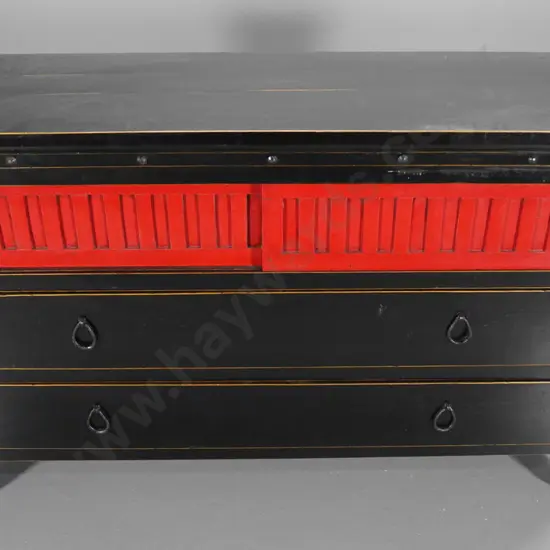 reproduction Chinese storage cabinet w/2 sliding doors, 2 drawers, metal handles, antiqued finish H820 W1380 D560