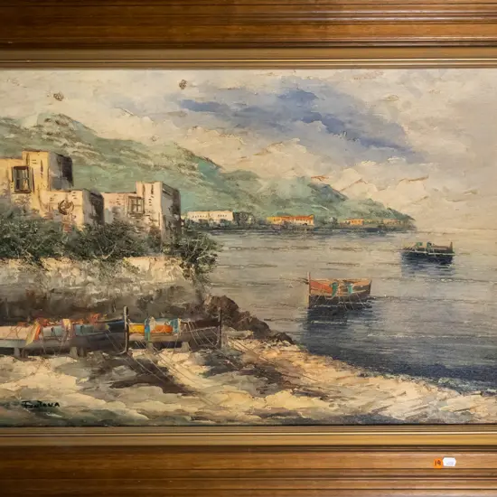 Fontana - framed oil - lake/coastal scene H-470 W-670