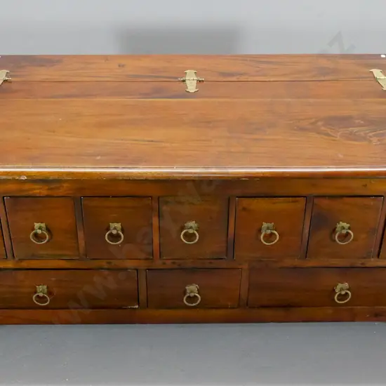reproduction large chest/coffee table w/10 small drawers, lift top, brass handles & hinges H470 W1230 D750