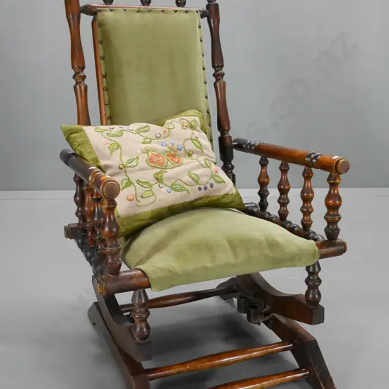 vintage Dexter cotton-reel rocking chair w/velvet upholstered seat, scatter cushion - polish needs work. H1060 W570 D660