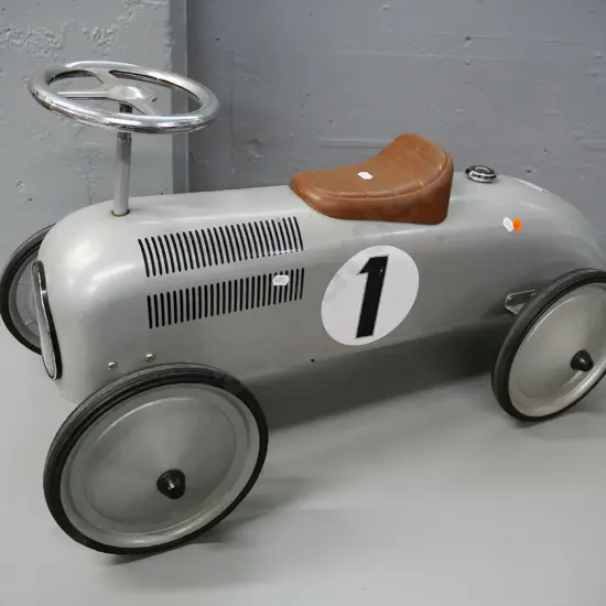 reproduction retro child's ride-on racer with steering mechanism - fading and wear to stickers H-400 L-780