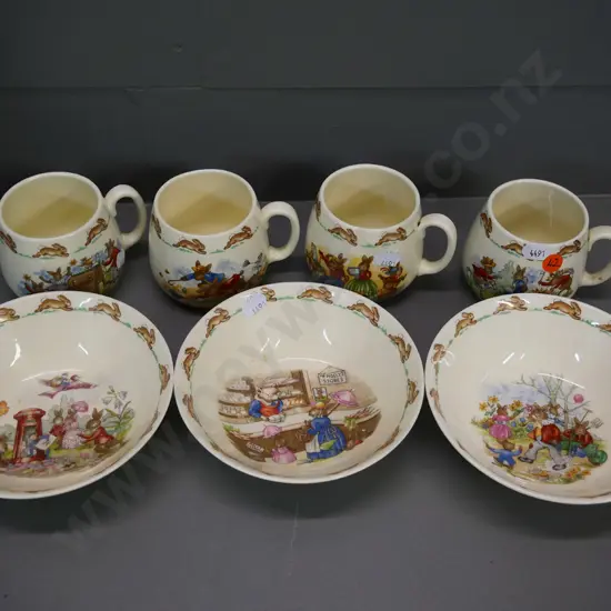 Royal Doulton Bunnykins items - 4 mugs and 3 bowls