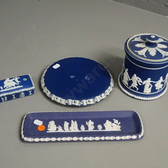 assorted dark blue English jasperware - Adams tea caddy H-135 D-110, Wedgwood, etc.