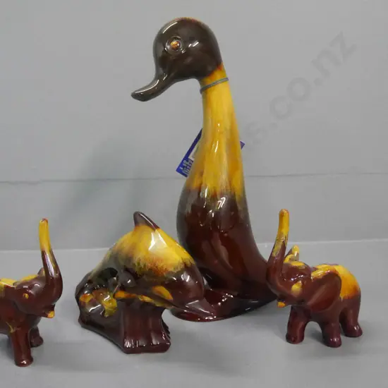 Blue Mountain ornaments - duck, dolphin and 2 elephants (mend to 1 tusk)