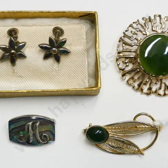 paua shell brooch & earring & 2 costume greenststone brooch