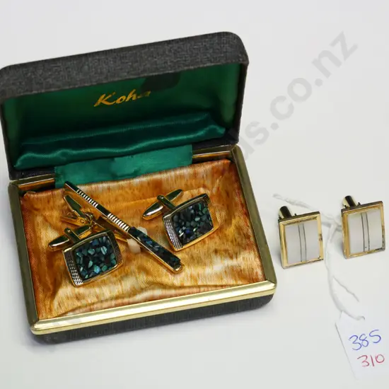 pair paua shell cufflinks & tie pin & pair mother of pearl cuff links