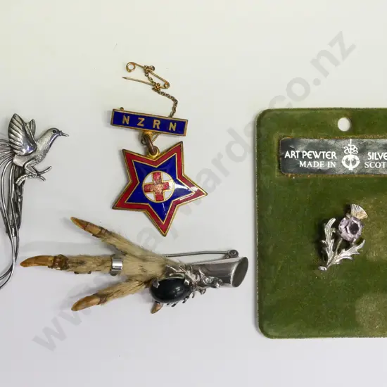 silver thistle brooch with amethyst,claw brooch, peacock brooch & NZRN nurses badge