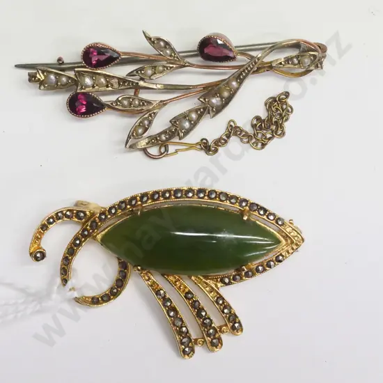 ruby & seed pearl brooch [safety chain broken] & green stone & diamante brooch