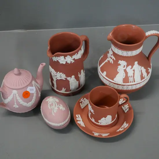 Wedgwood jasperware (not all are marked) - 3 pieces terracotta and 2 pink glaze - larger jug H-130 W-120