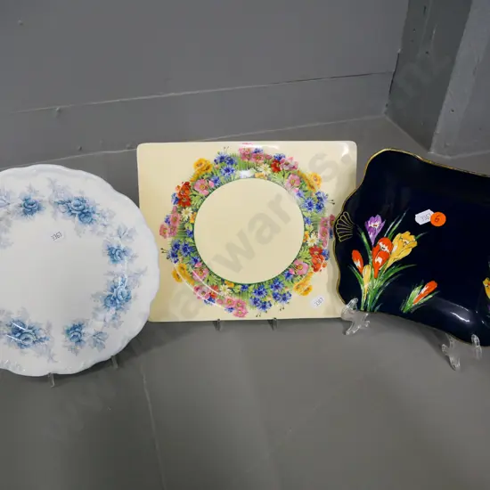 3 plates - Clarice Cliff Biarritz Radiance, Royal Winton hand-painted crocus, and Royal Albert Tiffany
