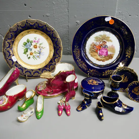 Limoges china items - 4 plates D-180, 10 shoes, vase and trinket