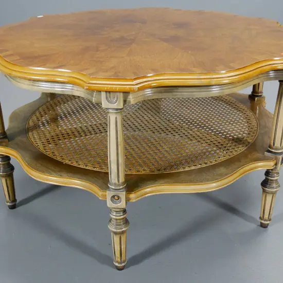 Kovacs NZ reproduction French style coffee table w/ quartered veneer top, bergere can shelf, fading to polish H420 D800