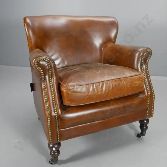 reproduction studded leather small armchair with antiqued finish - some marks to leather H780 W730 D650