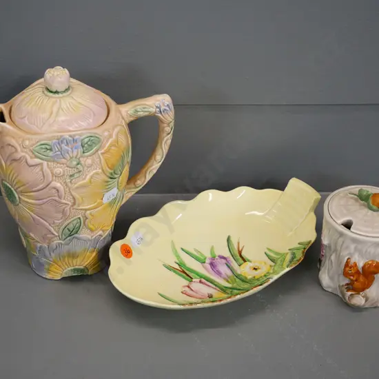 Carlton Ware spring flower bowl, Kensington coffee pot and a Crown Devon squirrel honey pot