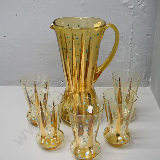 retro water set with jug and 5 glasses - amber with gilt and teal spots