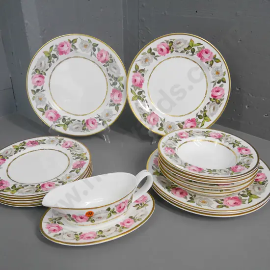 Royal Worcester "Royal Garden" pink and white rose dinner items with gold band