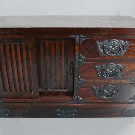 reproduction Chinese 3-drawer cabinet with 2 sliding doors - slight fading to top H500 W800 D370