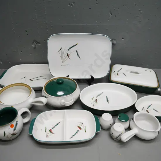 large collection of Denby Green Wheat over-to-table ware - baking dishes, casseroles, platters, etc, missing 1 lid