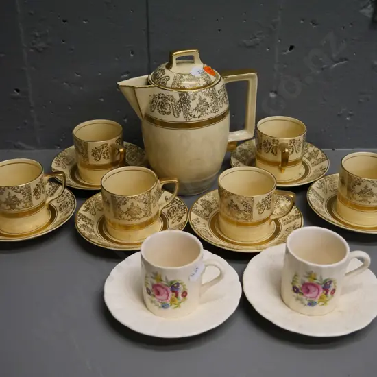 Johnson Brothers "Victorian" pattern coffee set including coffee pot plus 2 extra Simpson demitasse cups & saucers
