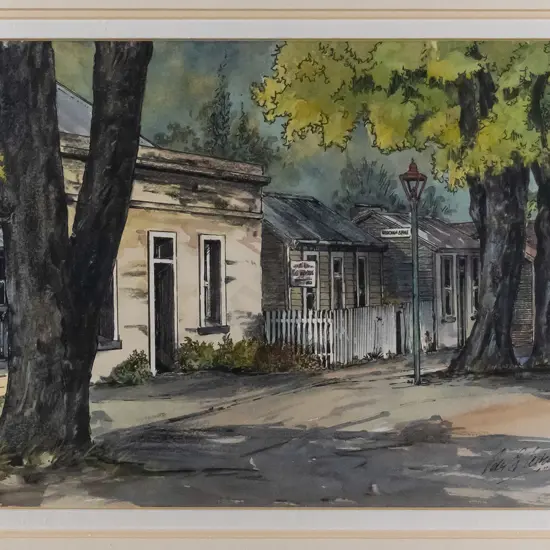 Peter G Leitch 1993 - framed watercolour, charcoal & ink - "Summer Cottages, Arrowtown" H-210 W-210