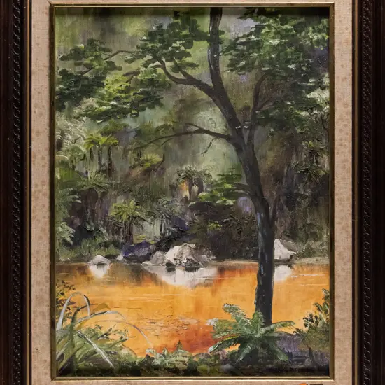 Griffin- framed oil - Oparara River Karamea West Coast- foxing to frame- H-390 W-290