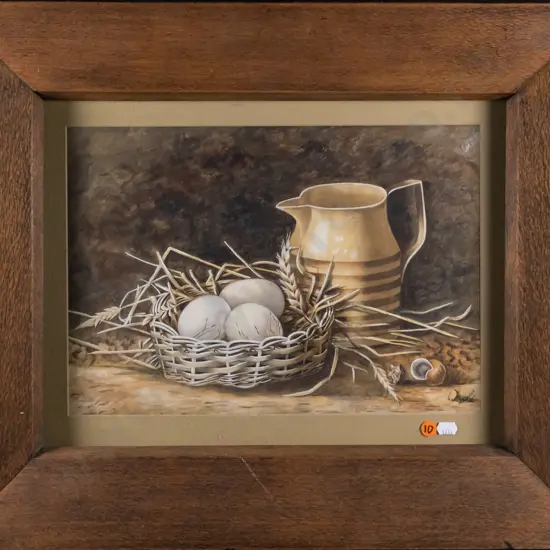 MA Harlock - framed watercolour - still life, eggs and jug H-260 W-360