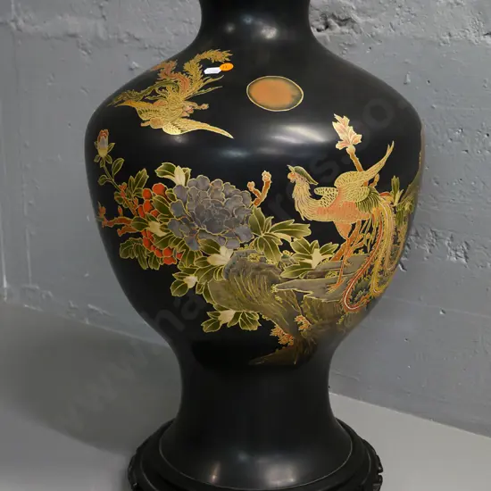 large Chinese light composite laquer-ware vase with peony & bird motifs H-650 Diameter 360 at widest