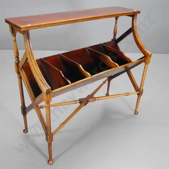 vintage mahogany music or book stand w/stretcher base & pad feet, divided storage area H850 W930 D390