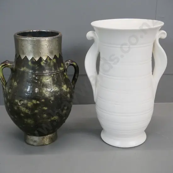 2 vases - white Shorter & Sons H-300 and mottled pottery with metal trim