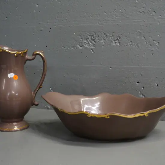 2 Royal Winton items - large brown and gold jug H-260 and a fruit bowl