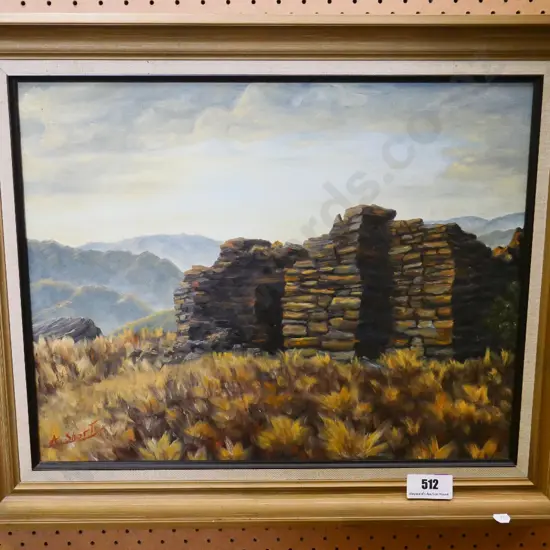 A Short - framed oil on board - stone building H-400 W-490