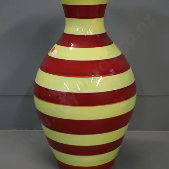 large yellow and red stripe studio pottery vase - signed P. Henderson NZ 2007 H-410 D-220