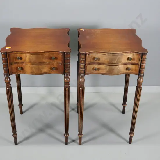 pair of antique mahogany 2-drawer night stands with fluted legs, walnut veneer, metal handles, some fading H710 WxD400