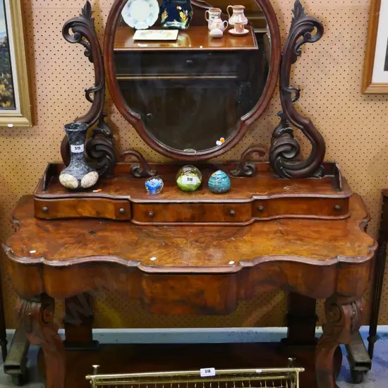 restorer's dressing table w/cheval mirror, carved supports & 3 drawers - crack to frame etc. H1570 W1150 D540