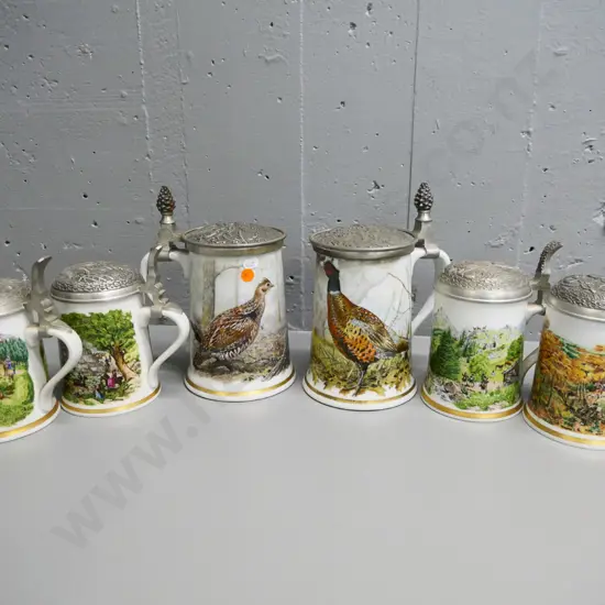 6 Franklin Mint metal-lidded steins - 2 larger bird themed H-250 and 4 smaller pictorial